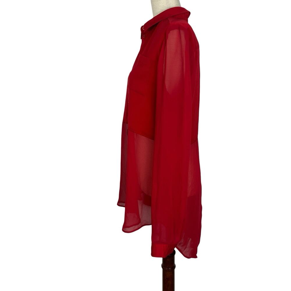 Free People Top Women Medium Red Long-sleeve Sheer Button Split Back Shirt - Picture 3 of 11